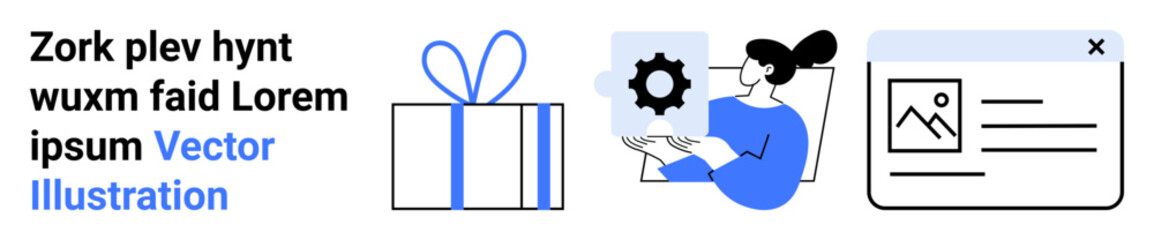 Gift box with ribbon, woman holding gear, document with image and text. Ideal for technology, teamwork, online presentations, user interface design, tutorials, learning resources women in tech