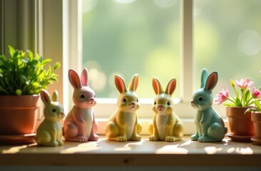 Ceramic Easter bunny, tulip flowers on windowsill. Decorations for Easter celebration at home. Soft focus.
