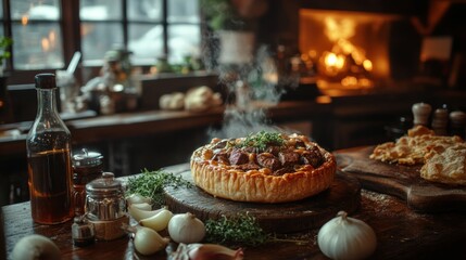 Fototapeta premium Elegant Restaurant Setting with Gourmet British Pies and Fresh Food 14