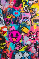 Naklejka premium A vibrant, colorful collage of graffiti art featuring various cartoonish characters and shapes