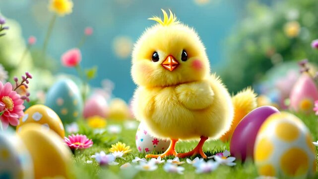 3D Cartoon fluffy chick on green grass surrounded by colorful Easter eggs. Template for Easter invitation, children's party,  advertising materials, festive social media posts