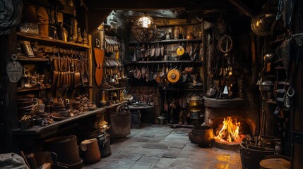An ancient workshop filled with historical tools and artifacts. The warm glow of the fire illuminates the space. Explore the beauty of craftsmanship. Generative AI