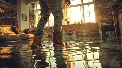 Obraz premium Person wading through floodwater in a sunlit room.