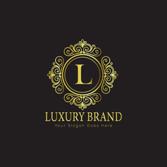 Letter Luxury brand logo design with a royal gold crown emblem and elegant typography
