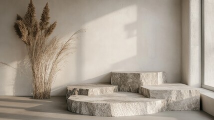 Minimalist Interior Design with Stone Steps and Pampas Grass