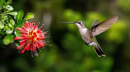 Obraz premium vibrant shot of hummingbird hovering mid-flight near bright red flower with blurred greenery in background