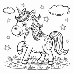 Fototapeta premium Cute Unicorn Coloring Page with Stars and Clouds