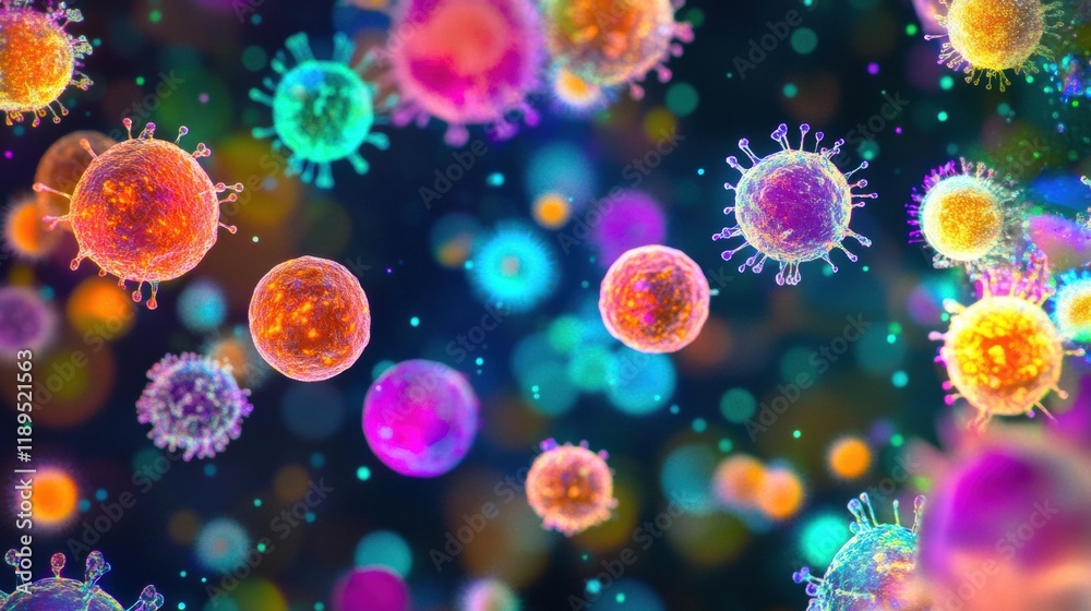 Poster Viruses engaging with human cells in a vibrant microscopic view showcasing interactions. Generative AI