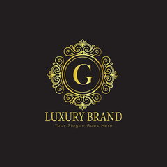 Letter Luxury brand logo design with a royal gold crown emblem and elegant typography
