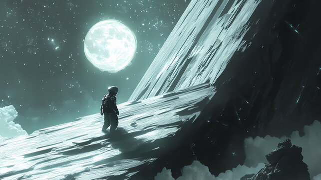 Futuristic scene of a dog in a sleek spacesuit, exploring a galaxy filled with silverhued stars and cosmic wonders. Starbound. Illustration