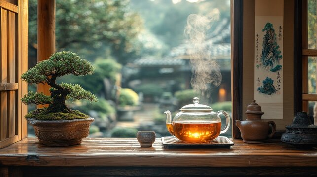 Fototapeta Steaming tea in glass teapot on wooden window sill with bonsai tree and garden view.