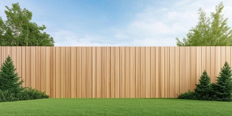 Wooden privacy fence in backyard. Green grass, small evergreen trees placed near fence. Sunny day with clear sky. Home garden design with natural elements. Modern eco-friendly backyard decor.