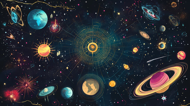 Galactic explorers map: a window to the cosmos. Starbound. Illustration