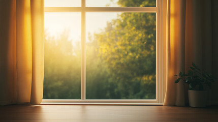 Obraz premium warm sunlight streams through window, illuminating cozy interior with curtains and small plant.