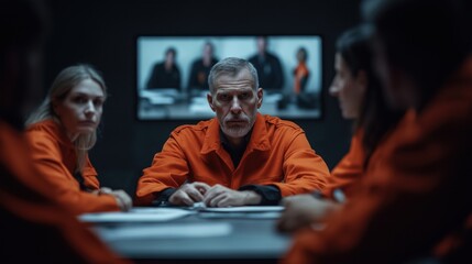 Business team meets in room to discuss serious emergency response plan. Attendees wear orange jumpsuits, serious expressions. Emergency response scenarios shown on screen. Tabletop exercise