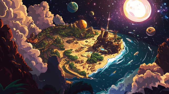 Galactic explorers map: discovering new worlds. Starbound. Illustration