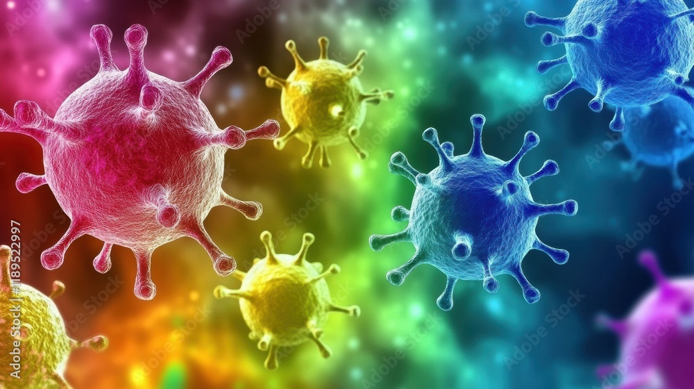 Poster viruses engaging with cells in a colorful representation of biological interaction. generative ai