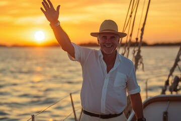n golden light of a summer sunset, a man in a crisp white shirt and a stylish hat stands on deck of a sleek boat, his beaming smile and enthusiastic wave capturing joy of a carefree adventure, as pan