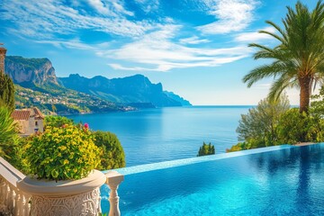 Obraz premium panoramic view from luxurious exotic hotel resort offers a breathtaking vista of sparkling azure sea, lush tropical gardens, and elegant infinity pool in early morning light of a sunny summer day