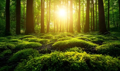 Sunlit forest floor covered in vibrant green moss.