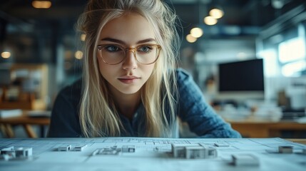 Focused young woman architect reviewing blueprints and architectural model.