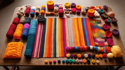 Fototapeta premium Table covered in a variety of colorful yarn, crochet projects in different stages of completion, including a large striped rug, a smaller patterned piece, and several smaller crocheted items