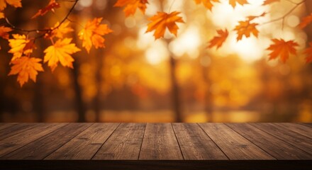 A rustic wooden table set against a backdrop of colorful autumn leaves, evoking a warm seasonal atmosphere.