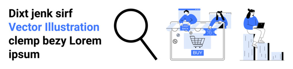 Large magnifying glass, individuals working with e-commerce elements, shopping cart on screen, bar chart. Ideal for online business, digital marketing, analytics, sales, web design product