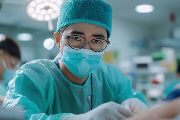 Surgeon performing surgery, hospital operating room