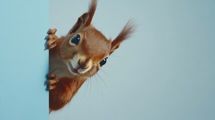 Fototapeta premium A playful squirrel peeks around a blue background, showcasing its curious expression.