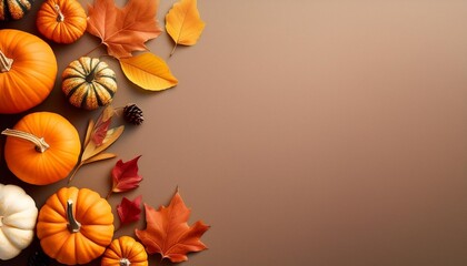 autumn flat lay background pumpkins and fall leaves autumn decorations with copy space