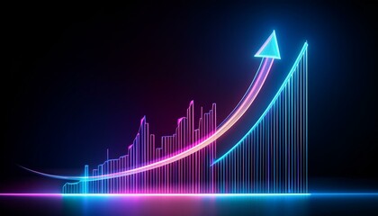 Fototapeta premium Rising graph in glowing neon colors, brightly shining lines on a dark background