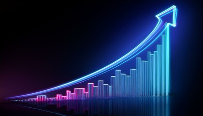 Rising graph in glowing neon colors, brightly shining lines on a dark background