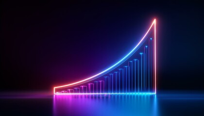 Rising graph in glowing neon colors, brightly shining lines on a dark background