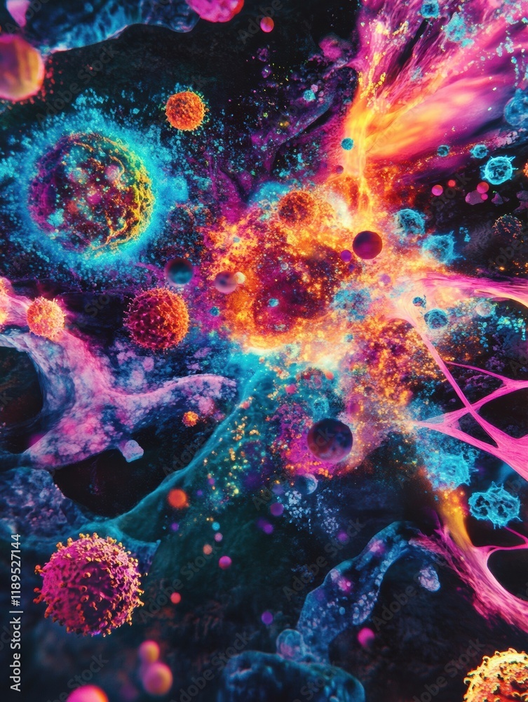 Fototapete viruses engaging in complex interactions with human cells in vibrant colors. generative ai
