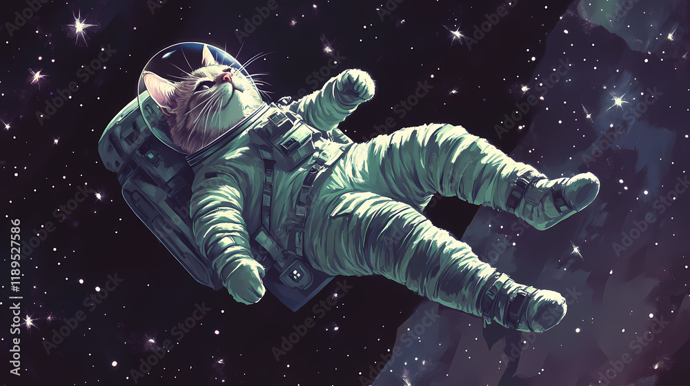 Wall mural a cat astronaut floating in space surrounded by twinkling stars. starbound. illustration