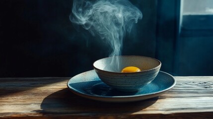 a steaming bowl of egg yolk in a rustic setting