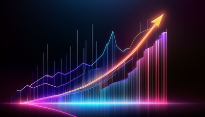 Rising graph in glowing neon colors, brightly shining lines on a dark background