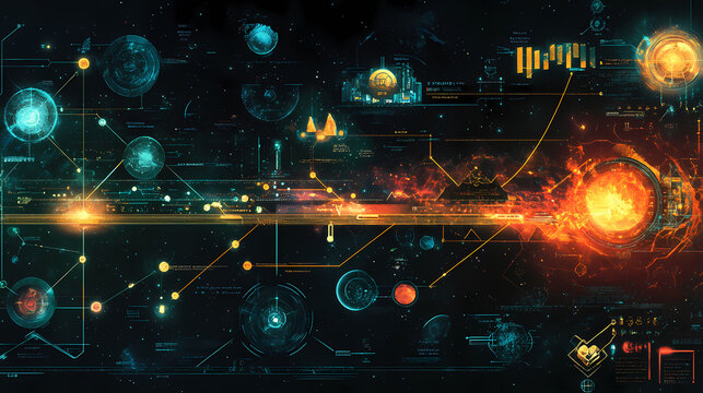 A technological evolution graph, from fire and wheel hellish struggles to ai and space travel heavenly achievements. Starbound. Illustration
