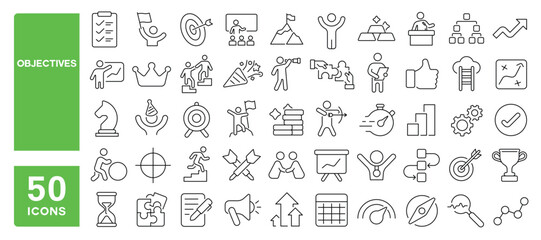 Set of 50 line icons related to objectives, success, plan, target, strategy, value, progress, score, progress, mission, achievement, Editable stroke. Vector illustration