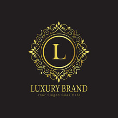 Letter Luxury brand logo design with a royal gold crown emblem and elegant typography

