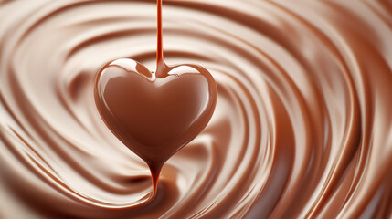 Chocolate heart shape formed in smooth melted chocolate
