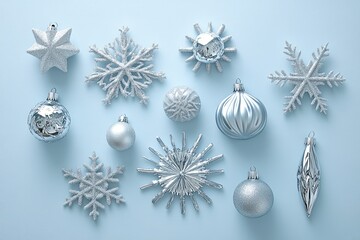 elegant arrangement of silver snowflakes and ornaments on light blue background radiating simplicity