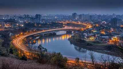 Fototapeta premium Night Cityscape Bridge River Lights Trails Stunning Aerial View