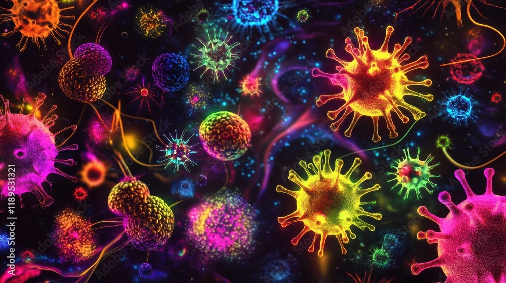 Poster viruses engaging with host cells in a vibrant microscopic view of cellular interactions. generative 