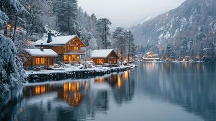 Fototapeta premium Snow-covered cabins nestled by a tranquil lake at twilight, reflecting warm lights in the still water.
