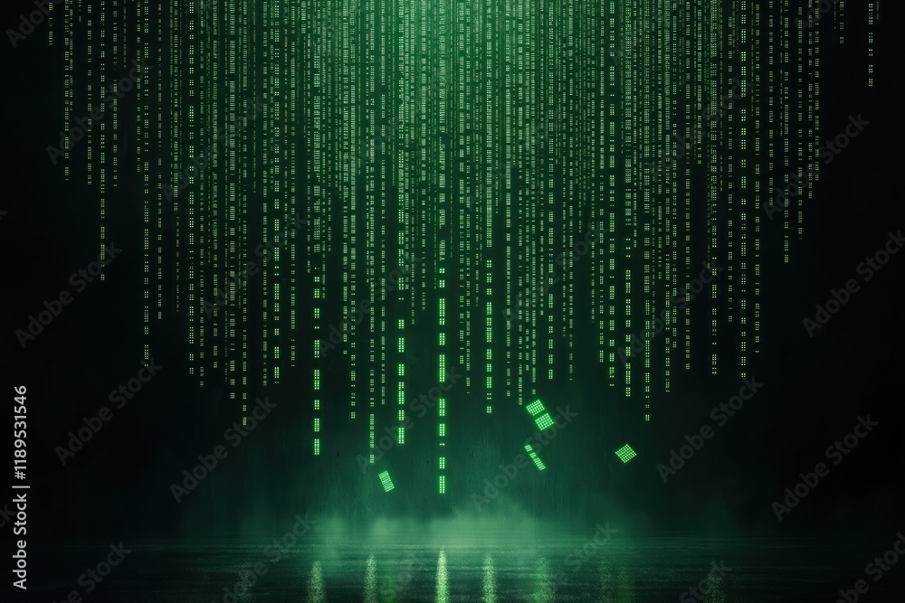 Poster futuristic digital matrix. falling green code in cyberspace at night. abstract glowing digital patte