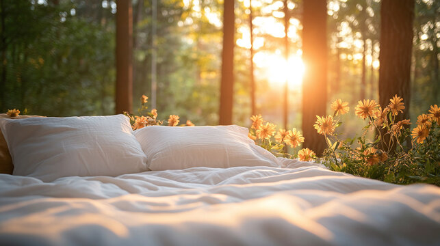 Morning sunrise over the bed placed in forest or woods nature outdoors. copy space, natural summer sleep and relax in the garden, cozy comfort and bedding in the wilderness outside.