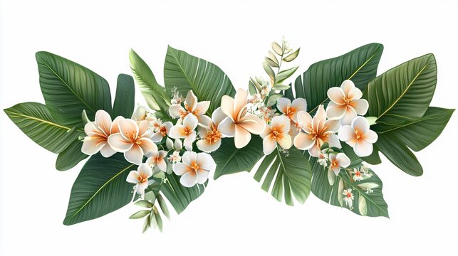 Vibrant Tropic Leaves and Flowers Design: Wide-Angle Centered View