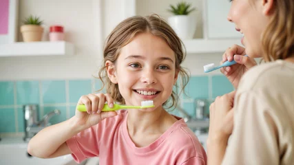 Mother and daughter smiling while brushing teeth in a bright bathroom